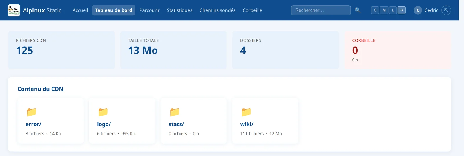 Tableau de bord : nombre de fichiers, taille totale, dossiers et corbeille